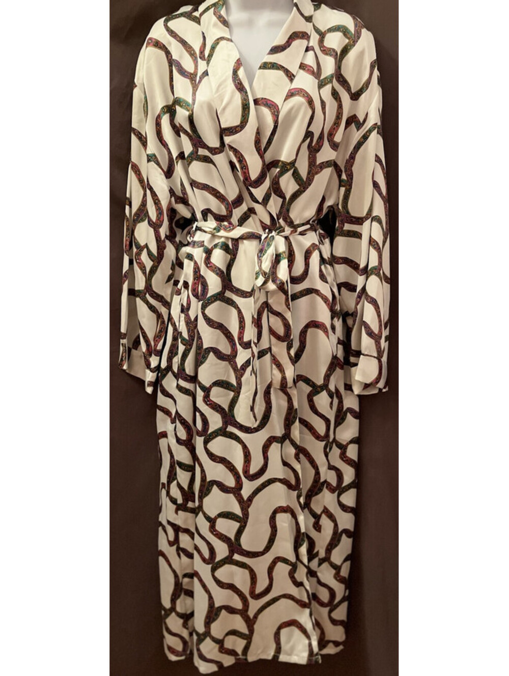 VTG 80s Lingerie Nordstrom Dynasty White Scarf Print Kimono Wrap Robe SZ L